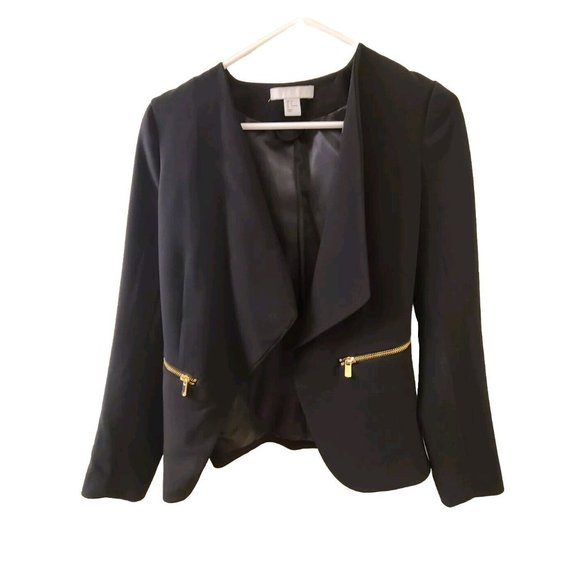 H&M Black Blazer Jacket Gold Zipper Pockets‎ Dress Workwear Size 4 - Picture 1 of 11